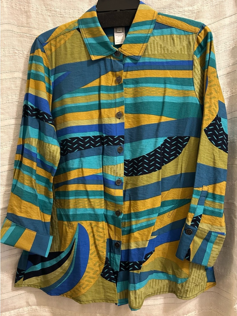 Multiples Striped Button-Up Shirt in Teal, Mustard & Blue